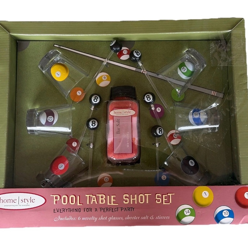 Home Style Pool Table Shot Glass Set with Stirers and Salt